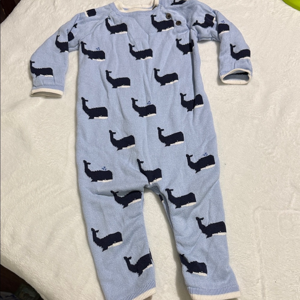 Jane and Jack  Light Blue Whale Knit One-Piece  onesie open feet